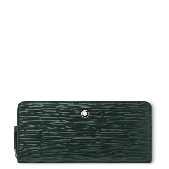 Eleganckie Etui na smartfon Montblanc z kolekcji Meisterstück 4810 w kolorze ciemnozielonym zapinane na suwak. Widok od przodu.