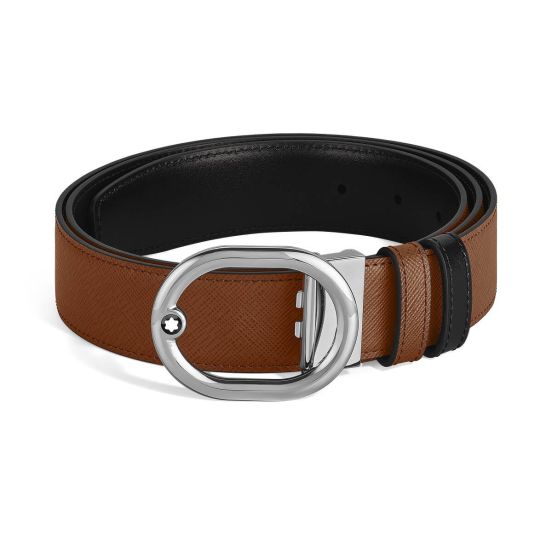 Pasek do spodni Montblanc dwustronny z owalną klamrą fauve/black 35 mm