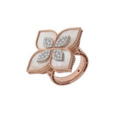Pierścionek Roberto Coin Princess Flower różowe złoto diamenty Masa perłowa rozmiar 13