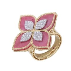 Pierścionek Roberto Coin Princess Flower złoto diamenty Rodonit rozmiar 14
