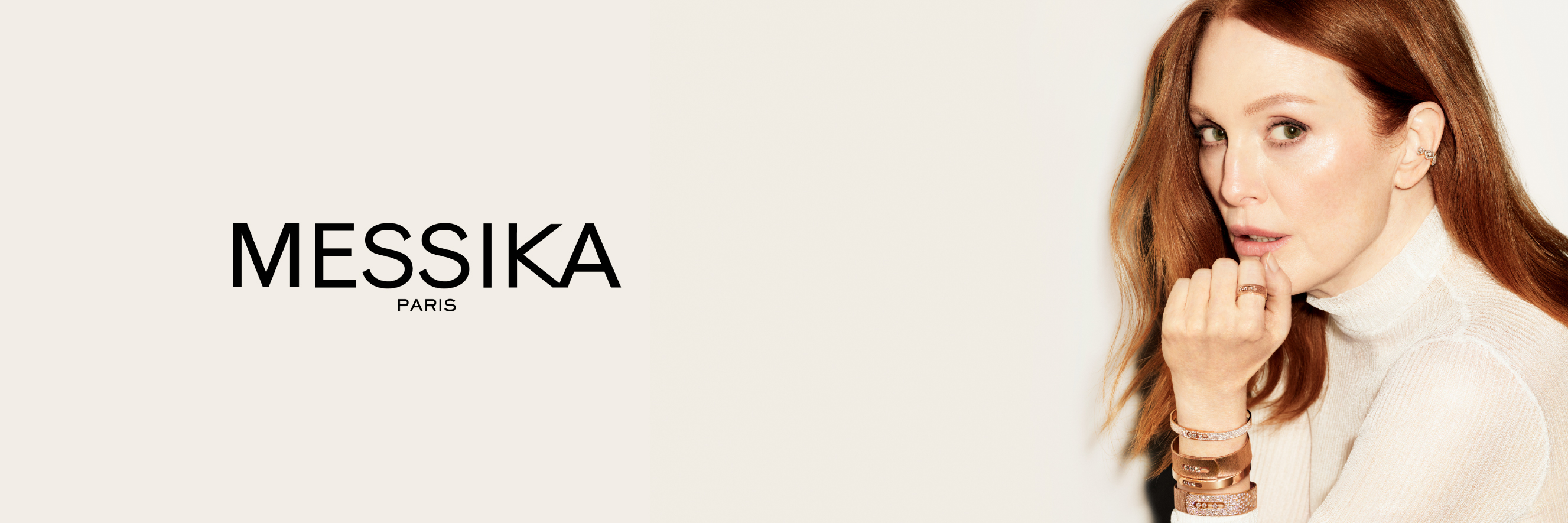 A logo of Messika and a model in front of the Eiffel tower 